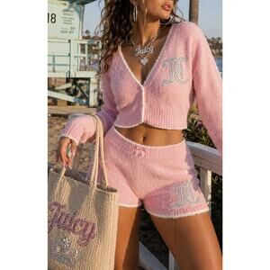 Juicy Couture Crop Top/Shorts Set Pink Velour Rhinestone Logo Lounge 2pc Beach